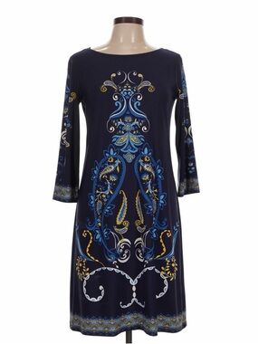 London Times Navy Blue Paisley-Print Midi Dress Size 10